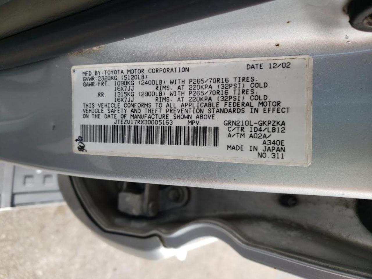 Photo 10 from auction – 2003 TOYOTA 4RUNNER LI with VIN JTEZU17RX30005163