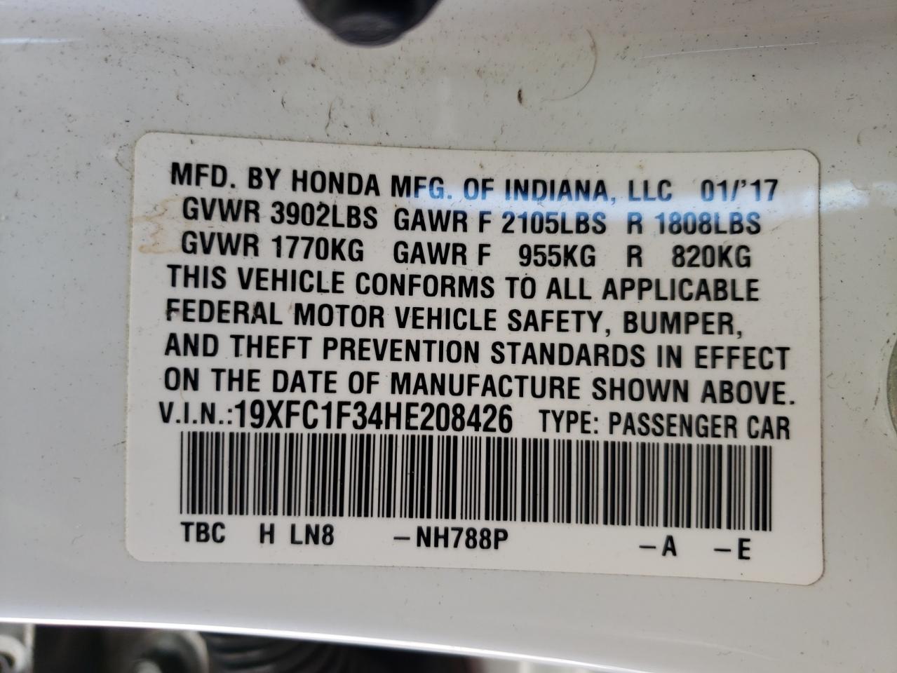Photo 11 from auction – 2017 HONDA CIVIC EX with VIN 19XFC1F34HE208426