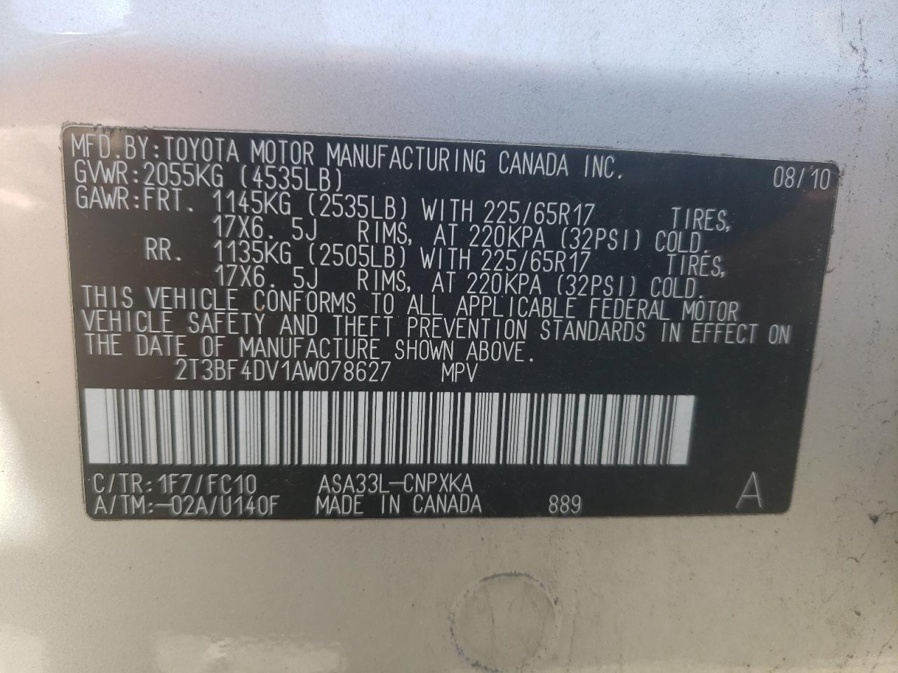 Foto 10 de la subasta – 2010 TOYOTA RAV4 con VIN 2T3BF4DV1AW078627