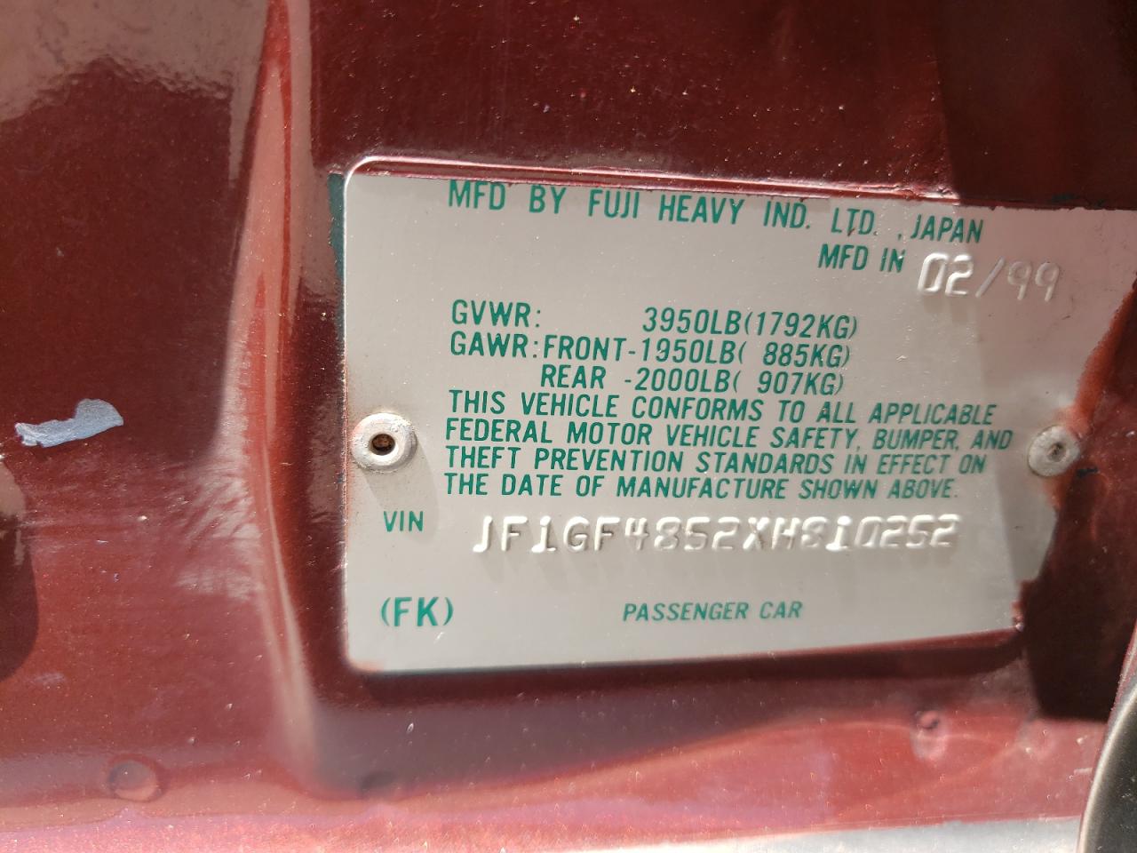 Photo 10 from auction – 1999 SUBARU IMPREZA OU with VIN JF1GF4852XH810252