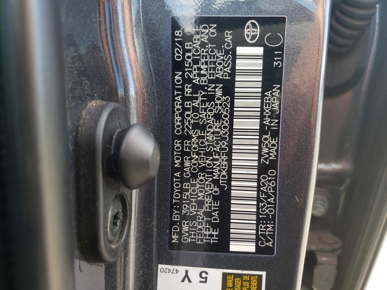 Photo 10 from auction – 2018 TOYOTA PRIUS with VIN JTDKBRFU9J3060523