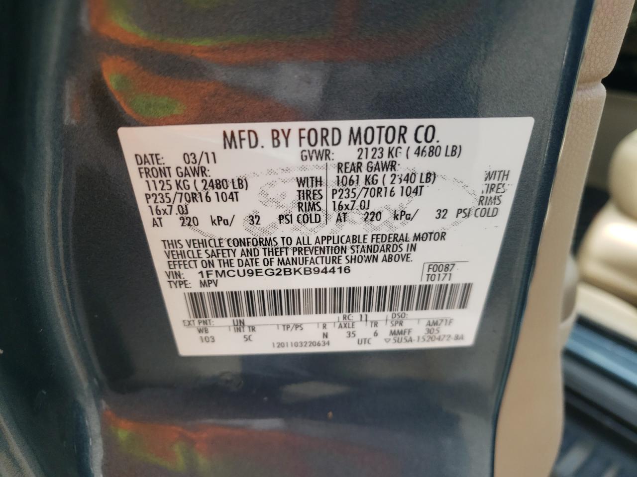 Photo 10 from auction – 2011 FORD ESCAPE LIM with VIN 1FMCU9EG2BKB94416