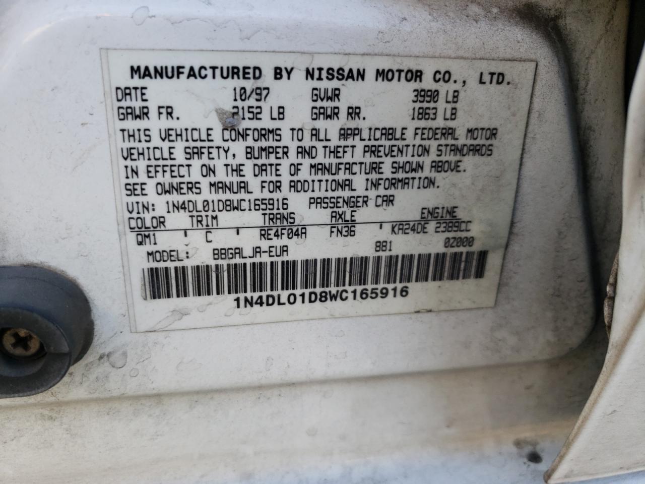 Photo 10 from auction – 1998 NISSAN ALTIMA XE with VIN 1N4DL01D8WC165916