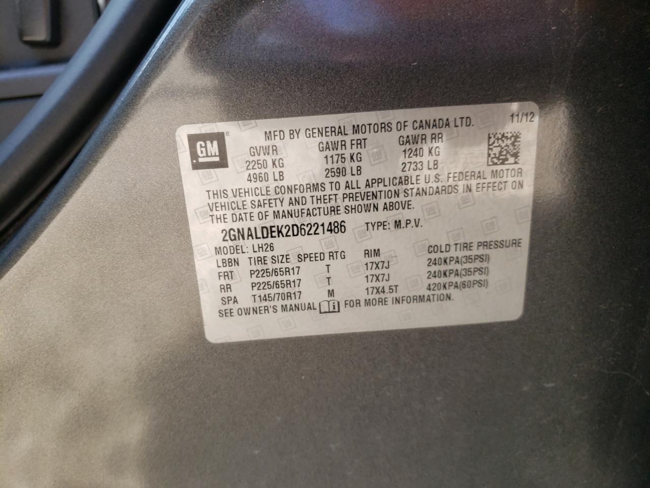 Photo 10 from auction – 2013 CHEVROLET EQUINOX LT with VIN 2GNALDEK2D6221486