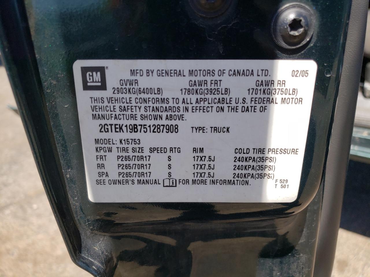 Photo 10 from auction – 2005 GMC NEW SIERRA with VIN 2GTEK19B751287908