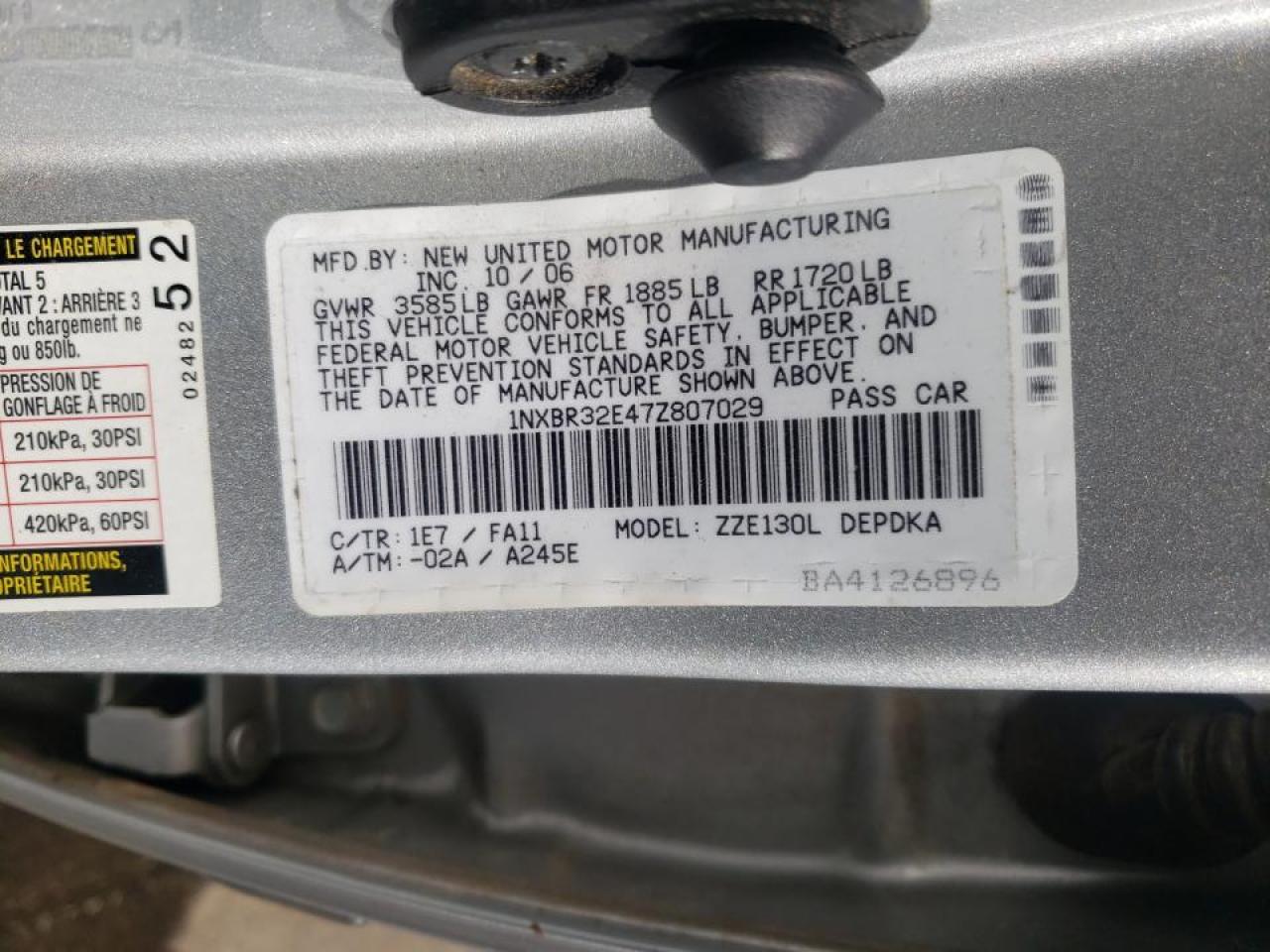Photo 10 from auction – 2007 TOYOTA COROLLA CE with VIN 1NXBR32E47Z807029