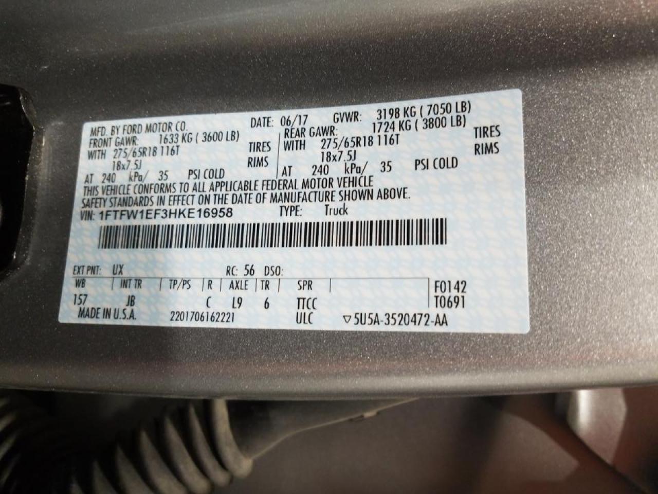 Photo 10 from auction – 2017 FORD F150 SUPER with VIN 1FTFW1EF3HKE16958