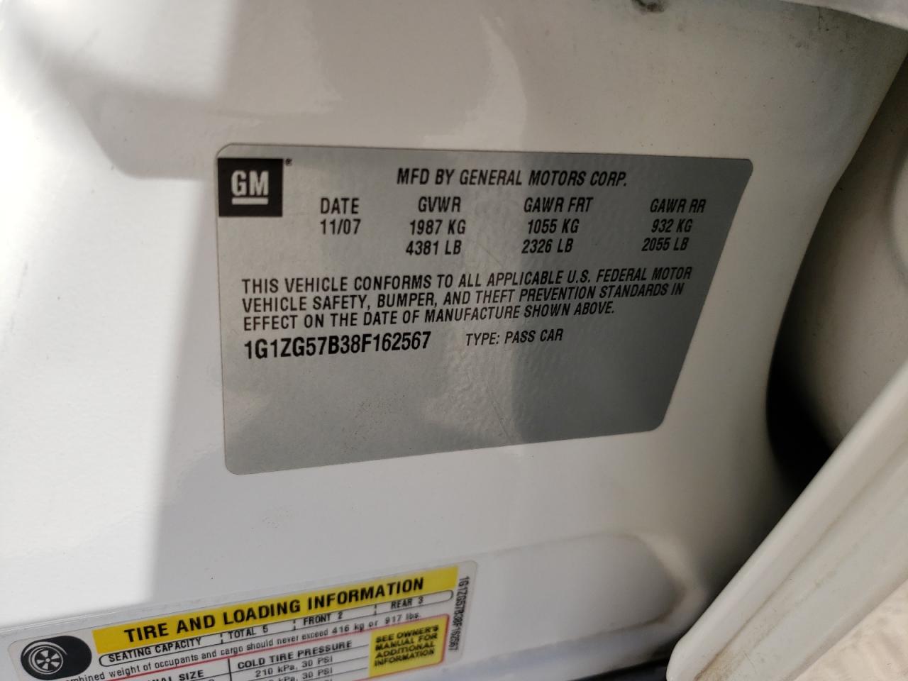 Photo 10 from auction – 2008 CHEVROLET MALIBU with VIN 1G1ZG57B38F162567