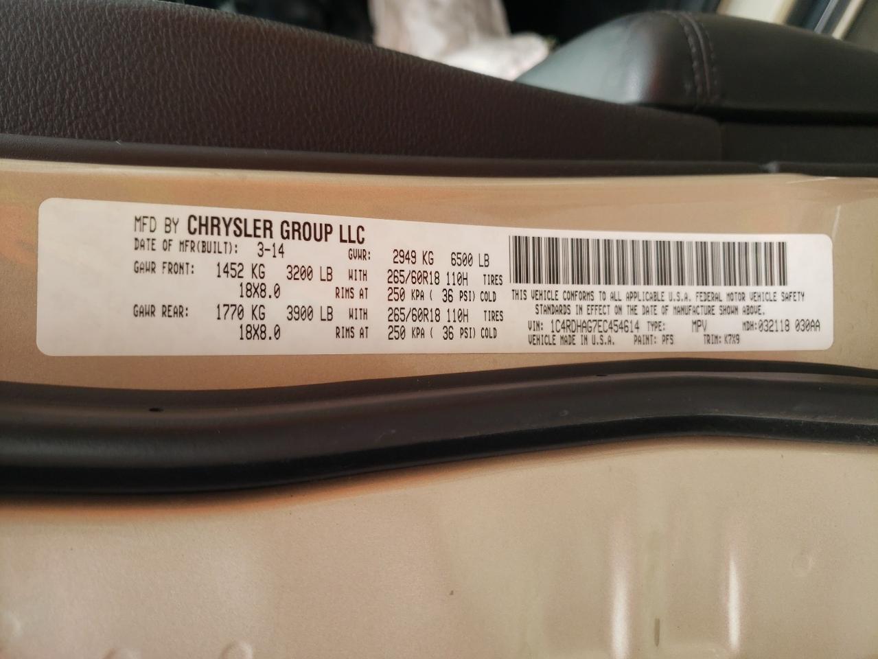 Photo 10 from auction – 2014 DODGE DURANGO SX with VIN 1C4RDHAG7EC454614