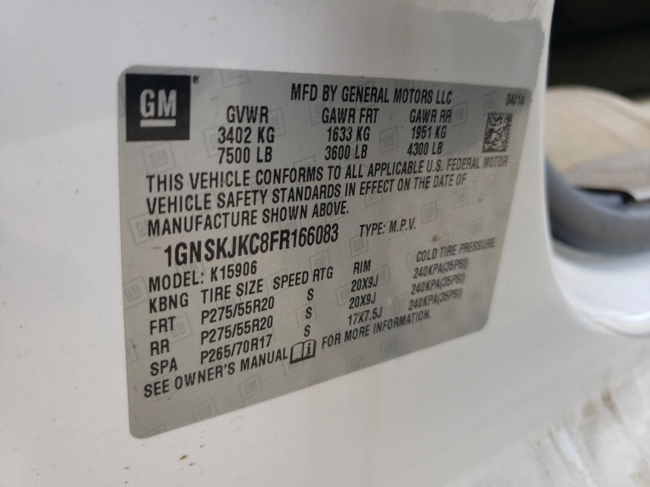 Photo 10 from auction – 2015 CHEVROLET SUBURBAN K with VIN 1GNSKJKC8FR166083