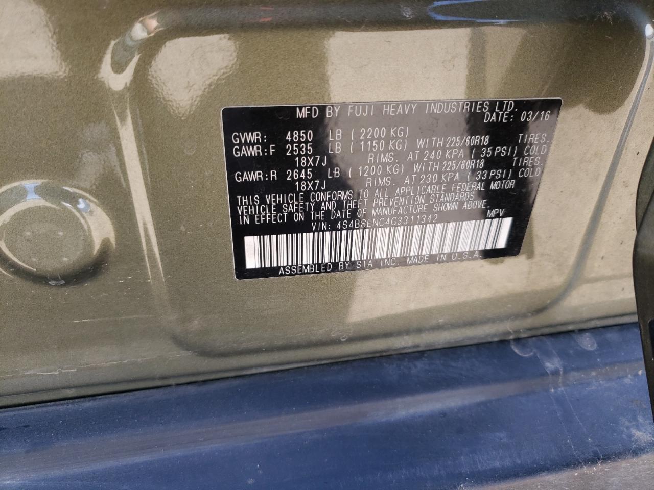 Photo 10 from auction – 2016 SUBARU OUTBACK 3. with VIN 4S4BSENC4G3311342