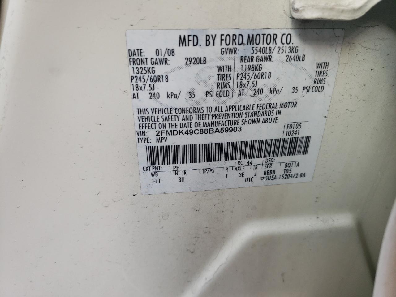 Photo 10 from auction – 2008 FORD EDGE LIMIT with VIN 2FMDK49C88BA59903