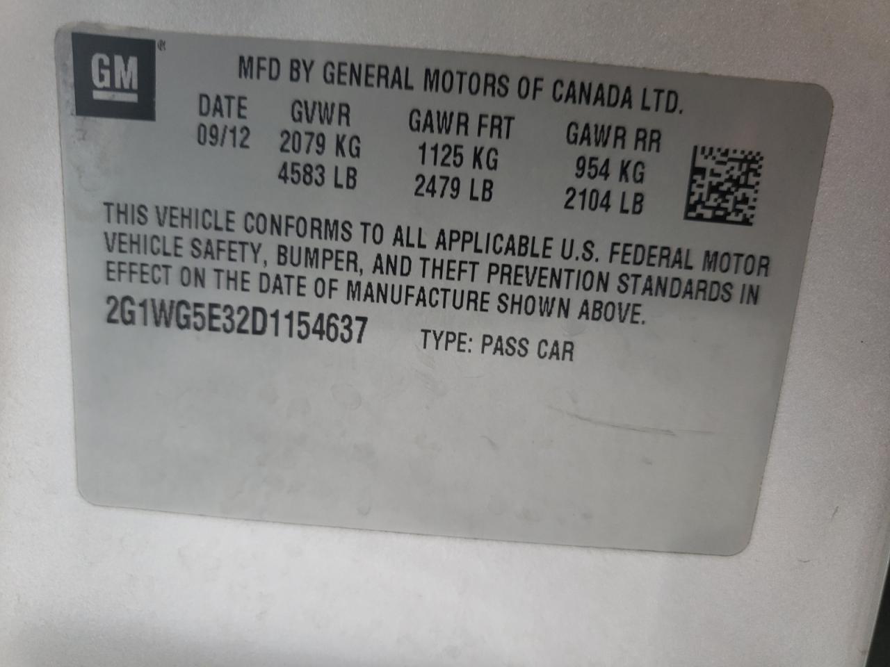 Photo 10 from auction – 2013 CHEVROLET IMPALA LT with VIN 2G1WG5E32D1154637