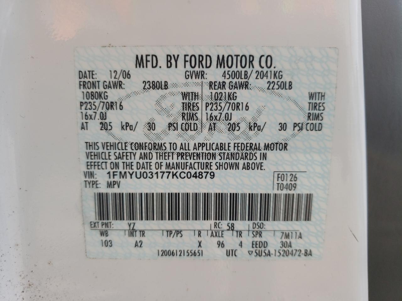 Photo 10 from auction – 2007 FORD ESCAPE XLT with VIN 1FMYU03177KC04879