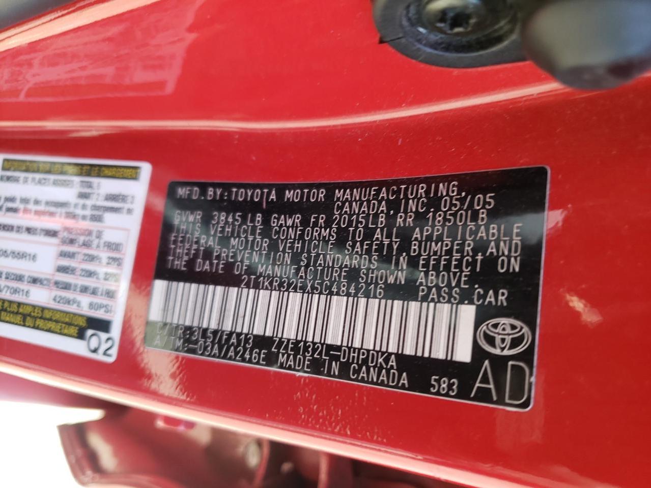 Photo 10 from auction – 2005 TOYOTA COROLLA MA with VIN 2T1KR32EX5C484216