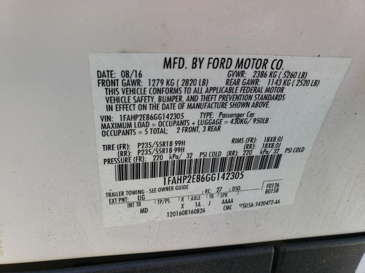 Photo 10 from auction – 2016 FORD TAURUS SEL with VIN 1FAHP2E86GG142305