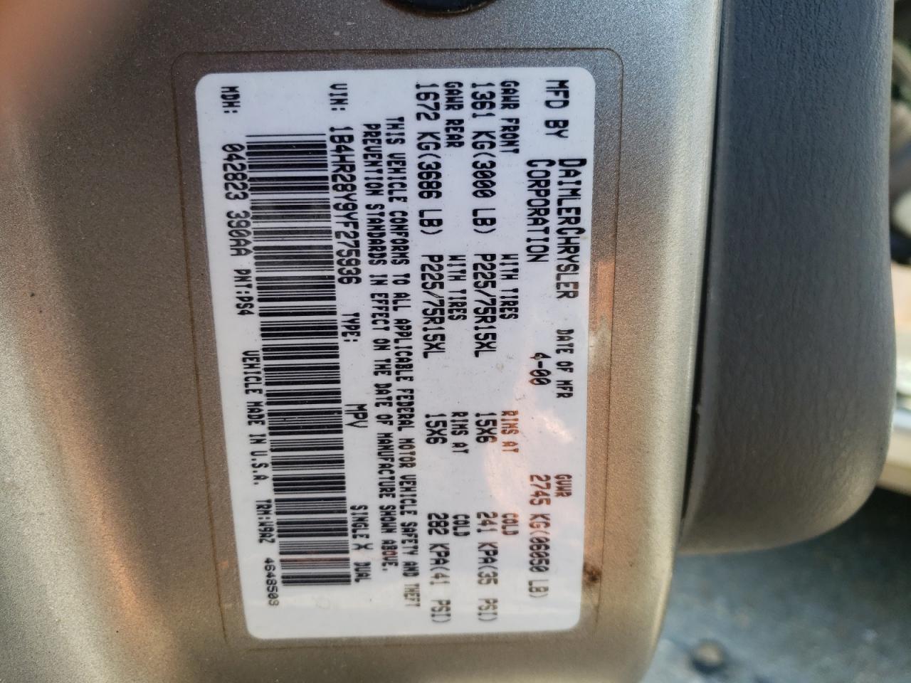 Photo 10 from auction – 2000 DODGE DURANGO with VIN 1B4HR28Y9YF275936