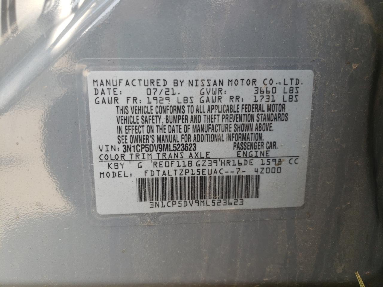 Photo 10 from auction – 2021 NISSAN KICKS SR with VIN 3N1CP5DV9ML523623