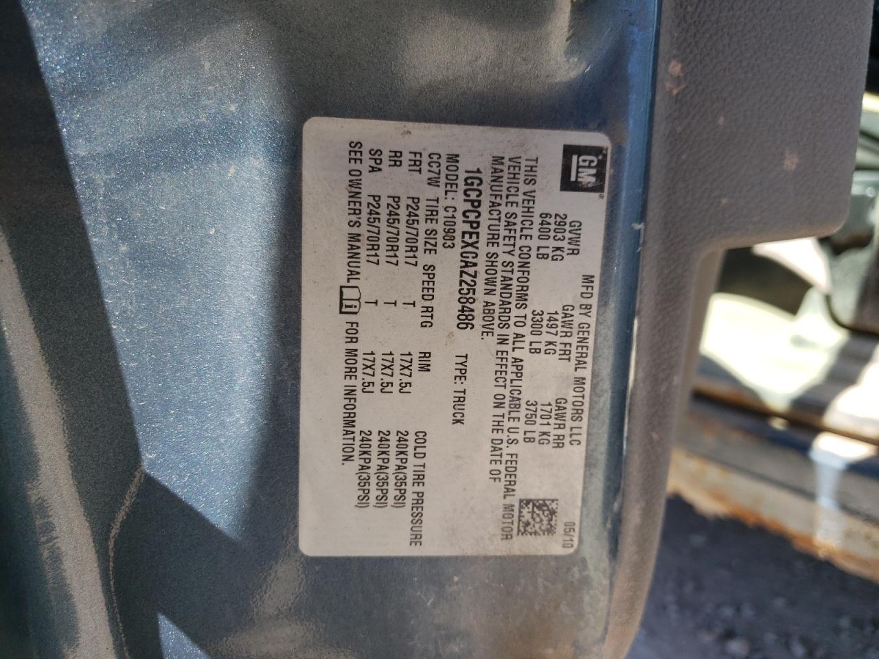 Foto 10 de la subasta – 2010 CHEVROLET SILVERADO con VIN 1GCPCPEX0AZ258486