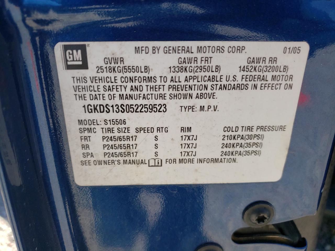 Photo 10 from auction – 2005 GMC ENVOY with VIN 1GKDS13S052259523