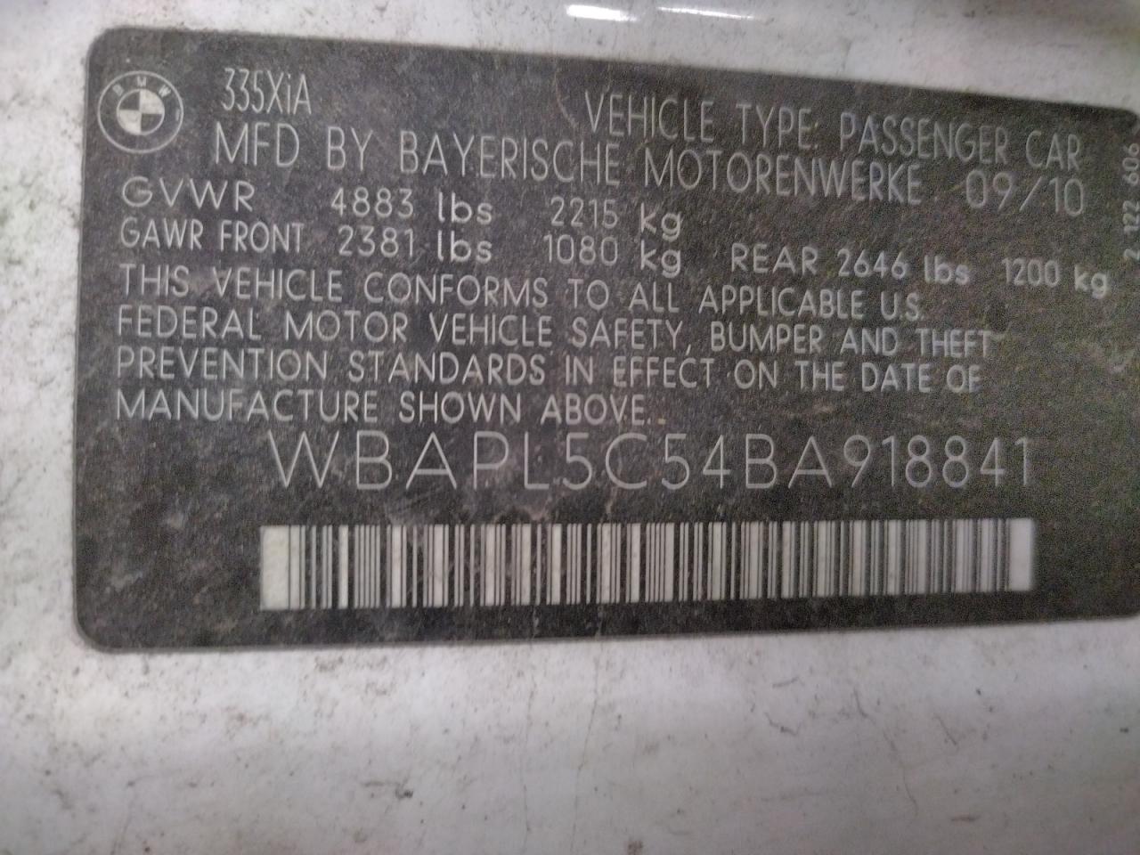 Photo 10 from auction – 2011 BMW 335 XI with VIN WBAPL5C54BA918841