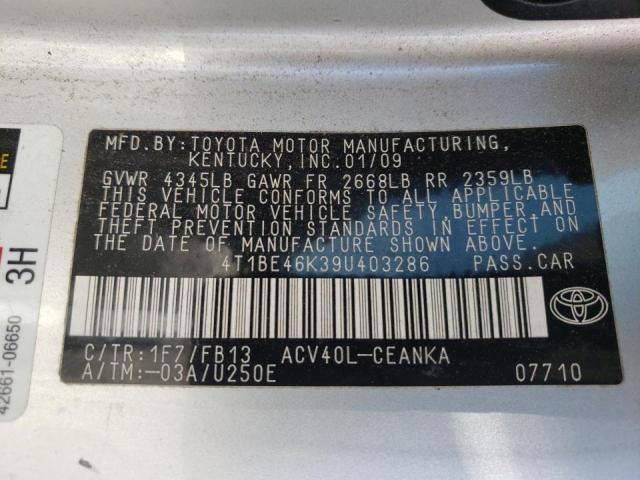 Photo 10 from auction – 2009 TOYOTA CAMRY BASE with VIN 4T1BE46K39U403286