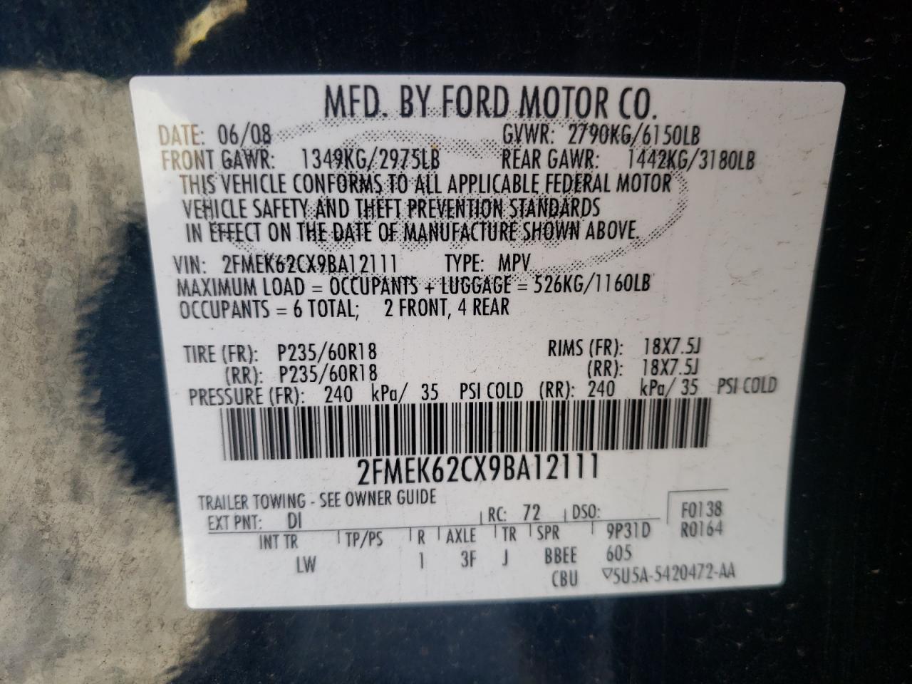 Foto 10 de la subasta – 2009 FORD FLEX SEL con VIN 2FMEK62CX9BA12111