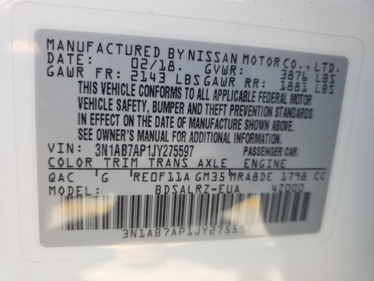 Photo 10 from auction – 2018 NISSAN SENTRA S with VIN 3N1AB7AP1JY275597