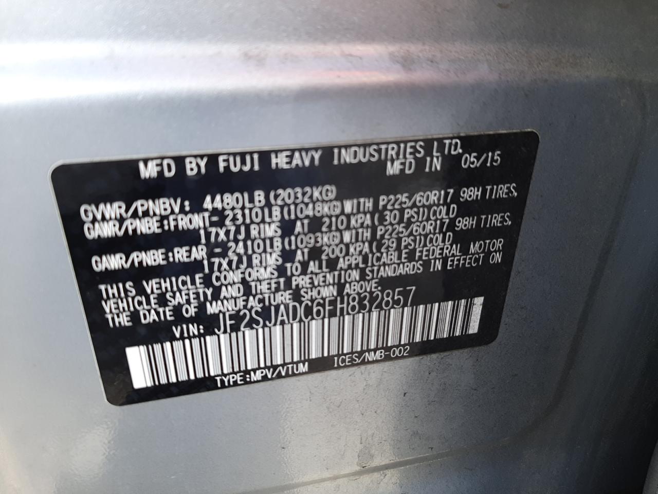 Photo 10 from auction – 2015 SUBARU FORESTER 2 with VIN JF2SJADC6FH832857