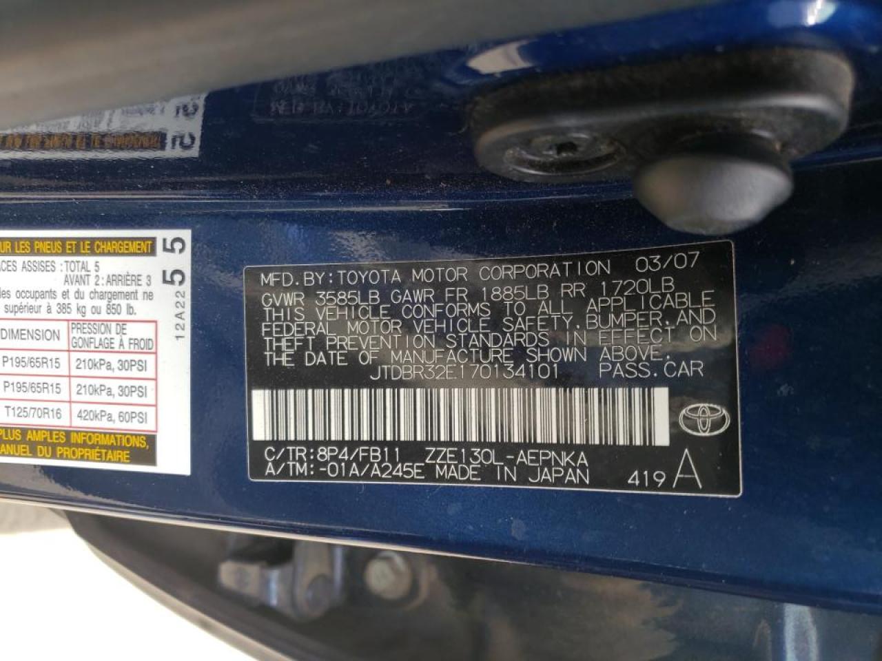 Photo 10 from auction – 2007 TOYOTA COROLLA CE with VIN JTDBR32E170134101