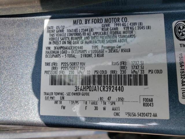 Photo 10 from auction – 2012 FORD FUSION SEL with VIN 3FAHP0JA1CR392440