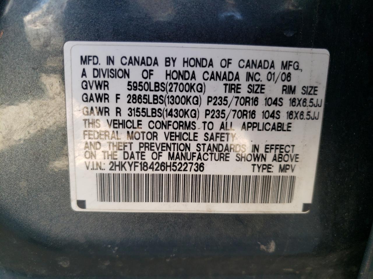 Photo 10 from auction – 2006 HONDA PILOT EX with VIN 2HKYF18426H522736