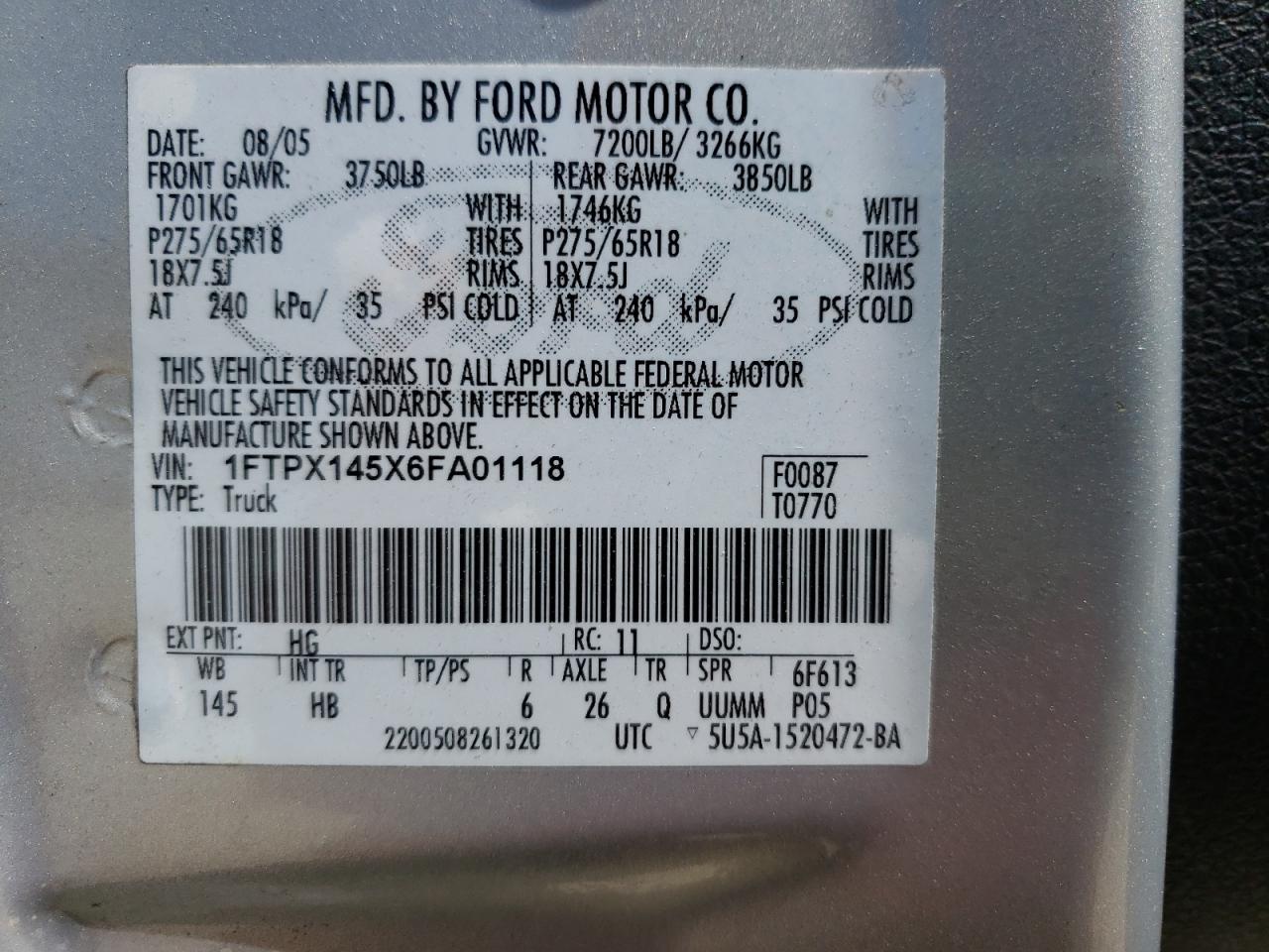 Photo 10 from auction – 2006 FORD F150 with VIN 1FTPX145X6FA01118