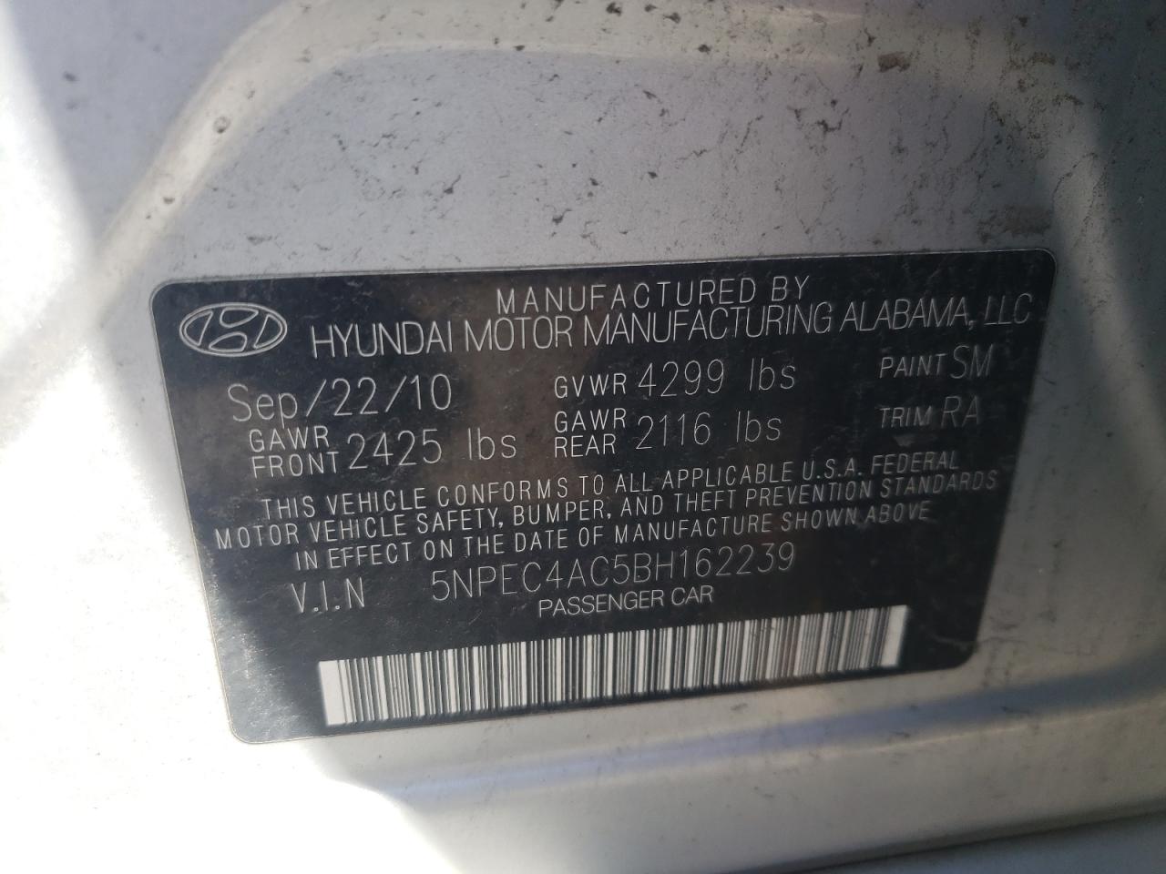 Photo 10 from auction – 2011 HYUNDAI SONATA SE with VIN 5NPEC4AC5BH162239
