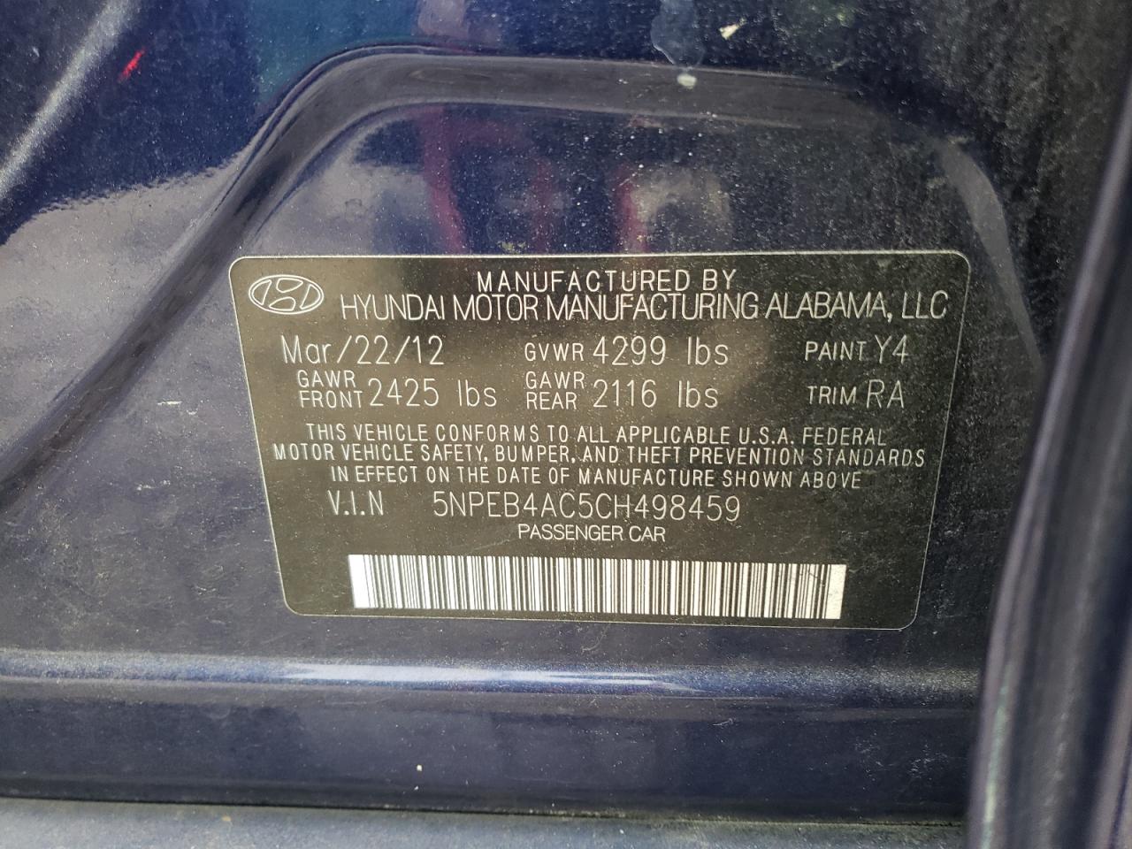Photo 10 from auction – 2012 HYUNDAI SONATA with VIN 5NPEB4AC5CH498459