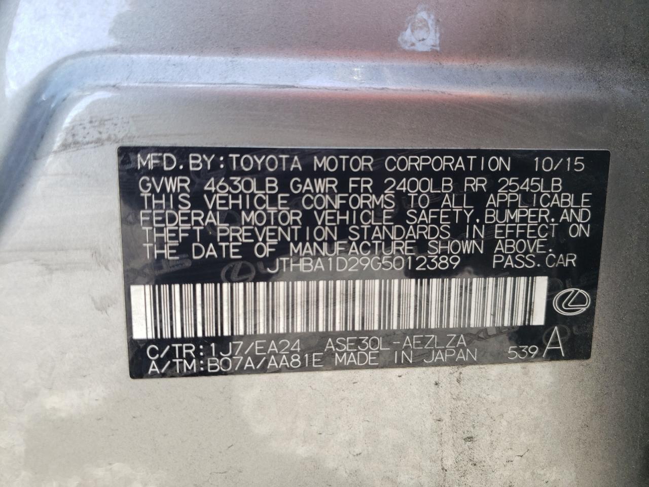 Photo 10 from auction – 2016 LEXUS IS 200T with VIN JTHBA1D29G5012389