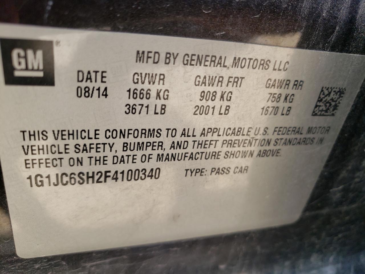 Photo 10 from auction – 2015 CHEVROLET SONIC LT with VIN 1G1JC6SH2F4100340