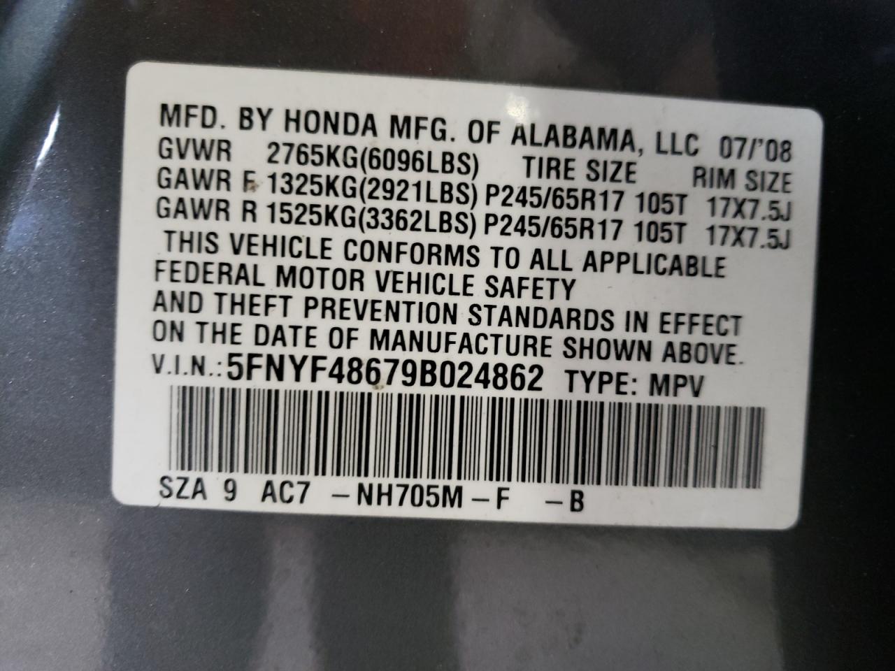 Photo 10 from auction – 2009 HONDA PILOT EXL with VIN 5FNYF48679B024862
