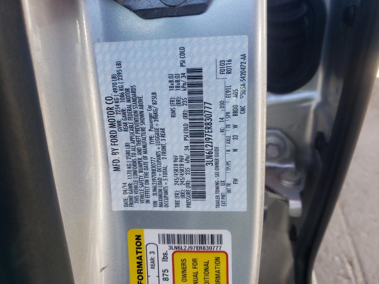 Photo 10 from auction – 2014 LINCOLN MKZ with VIN 3LN6L2J97ER830777