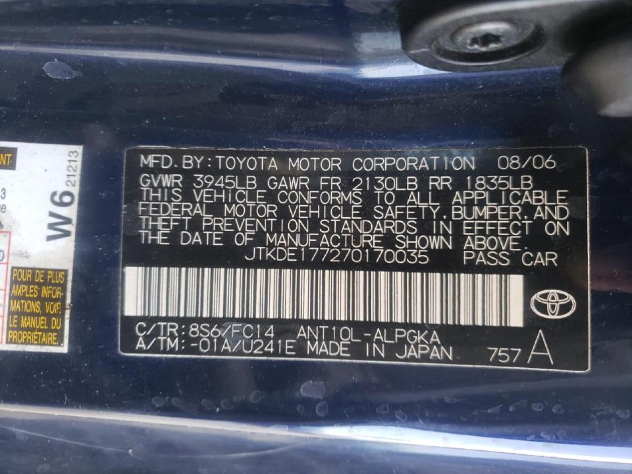 Photo 10 from auction – 2007 SCION TC with VIN JTKDE177270170035