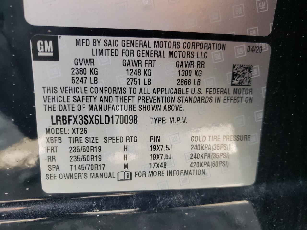 Photo 10 from auction – 2020 BUICK ENVISION P with VIN LRBFX3SX6LD170098