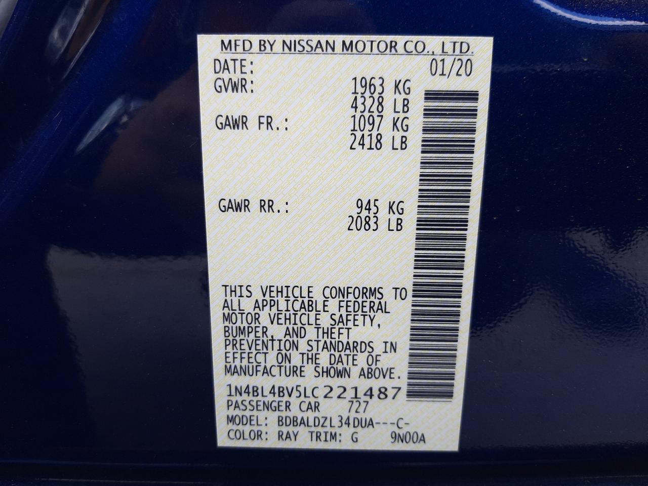 Photo 10 from auction – 2020 NISSAN ALTIMA S with VIN 1N4BL4BV5LC221487