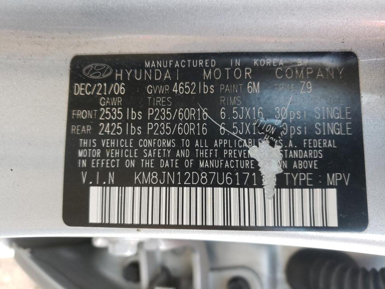 Foto 10 de la subasta – 2007 HYUNDAI TUCSON SE con VIN KM8JN12D87U617110