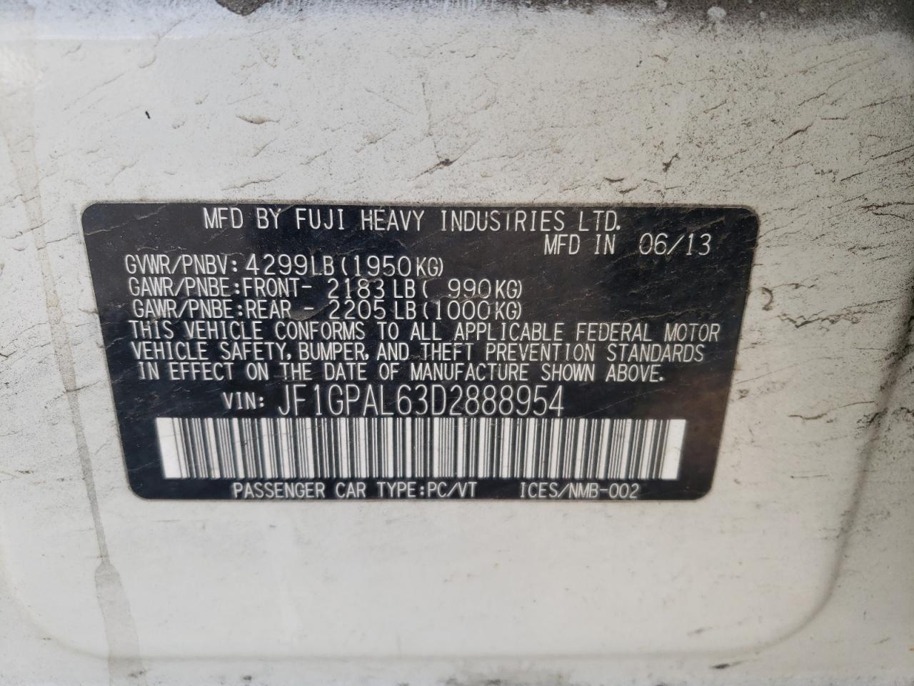 Photo 10 from auction – 2013 SUBARU IMPREZA SP with VIN JF1GPAL63D2888954