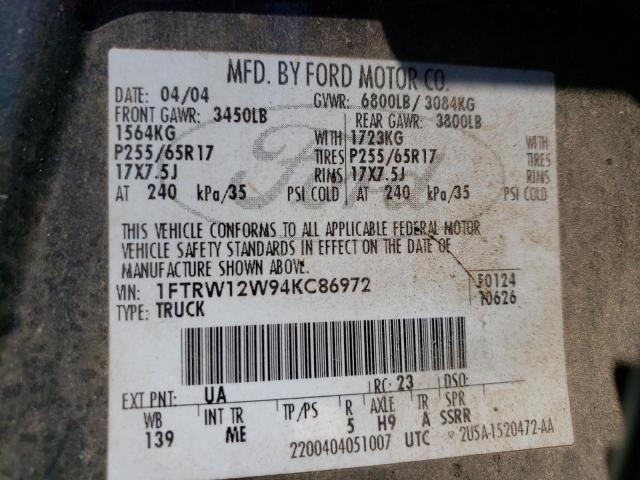 Photo 10 from auction – 2004 FORD F150 SUPER with VIN 1FTRW12W94KC86972