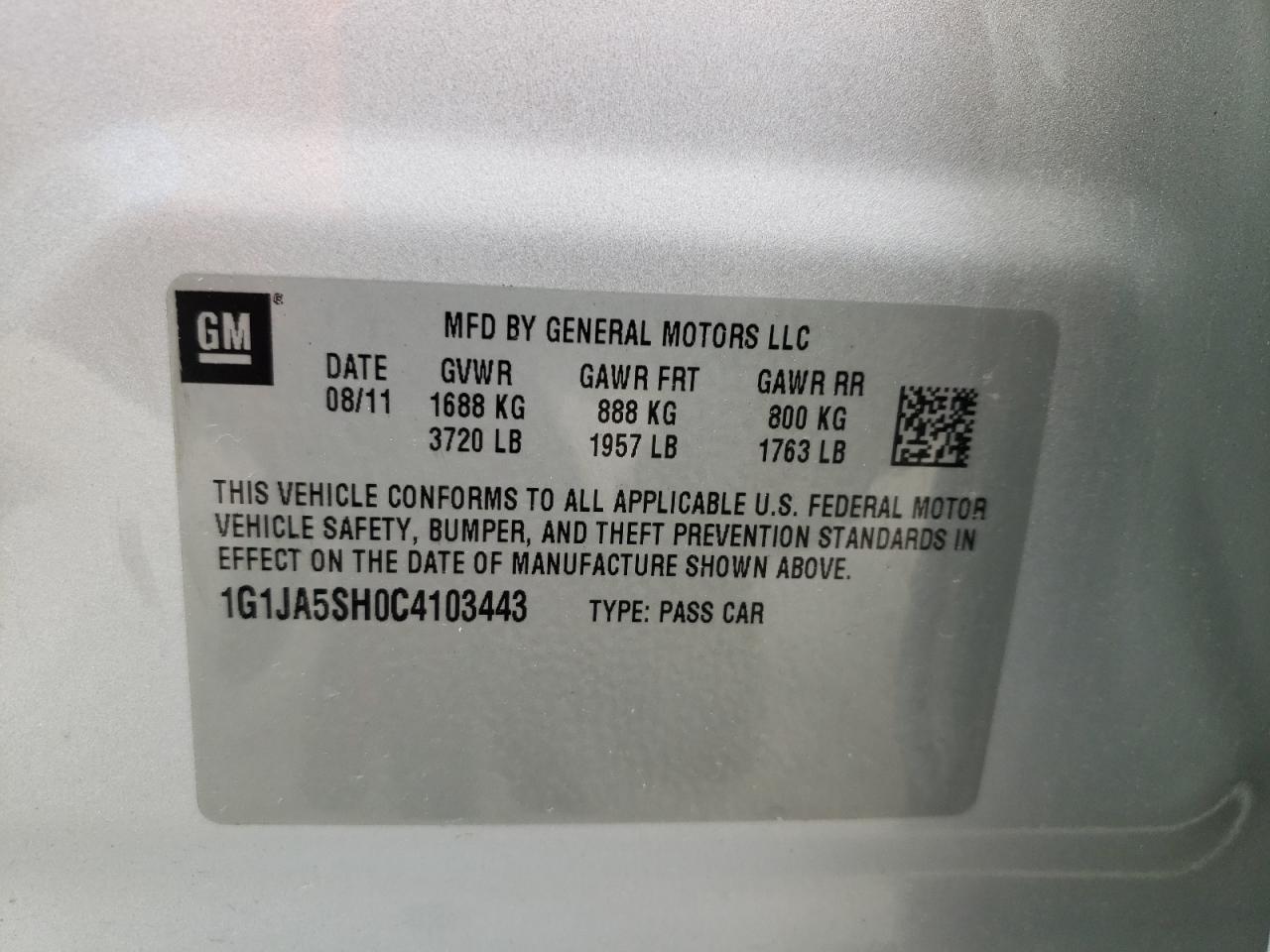 Photo 10 from auction – 2012 CHEVROLET SONIC LS with VIN 1G1JA5SH0C4103443