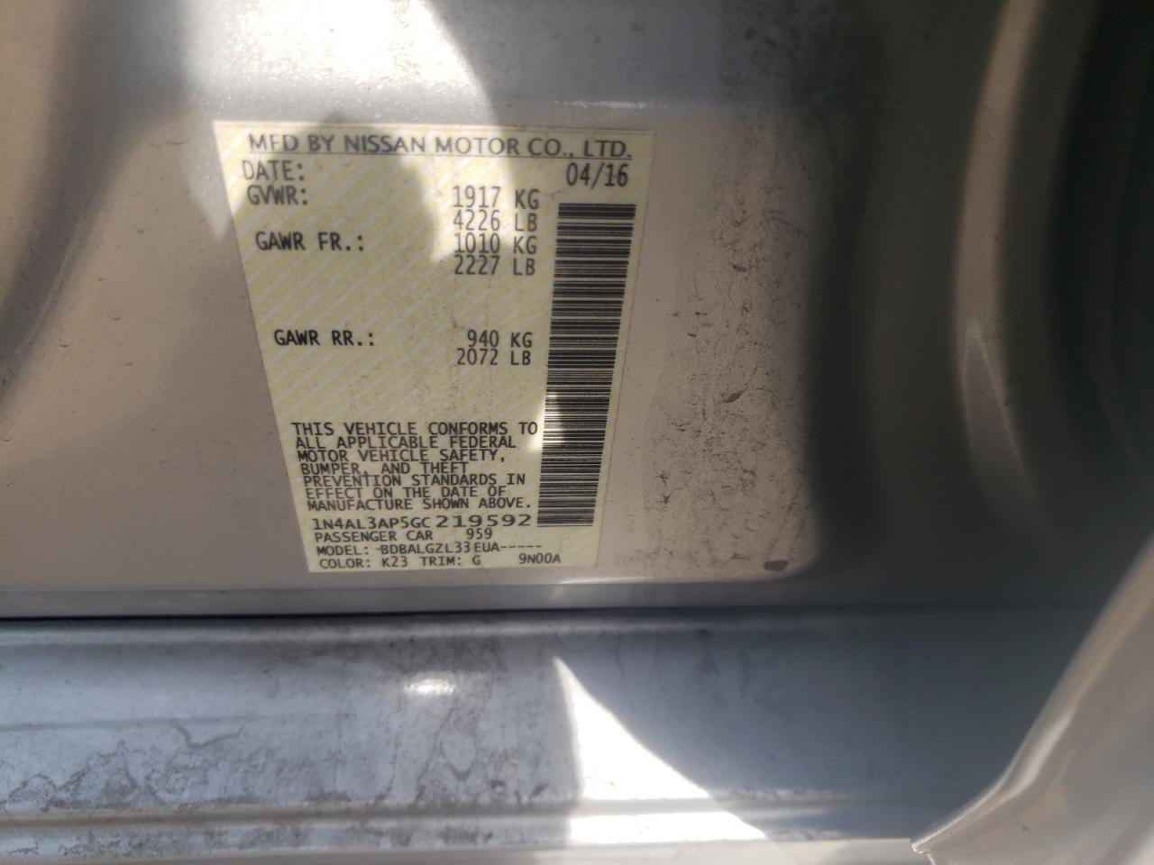 Photo 11 from auction – 2016 NISSAN ALTIMA 2.5 with VIN 1N4AL3AP5GC219592