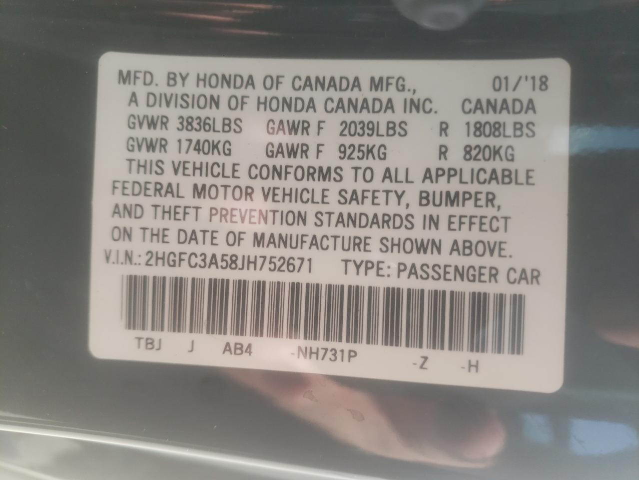 Photo 10 from auction – 2018 HONDA CIVIC SI with VIN 2HGFC3A58JH752671
