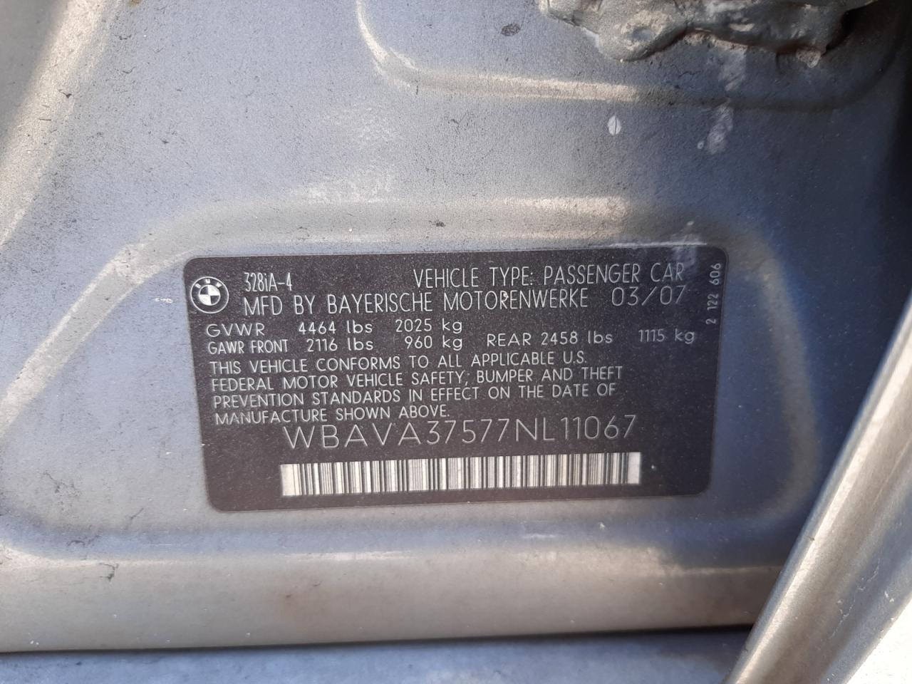 Photo 10 from auction – 2007 BMW 328 I with VIN WBAVA37577NL11067