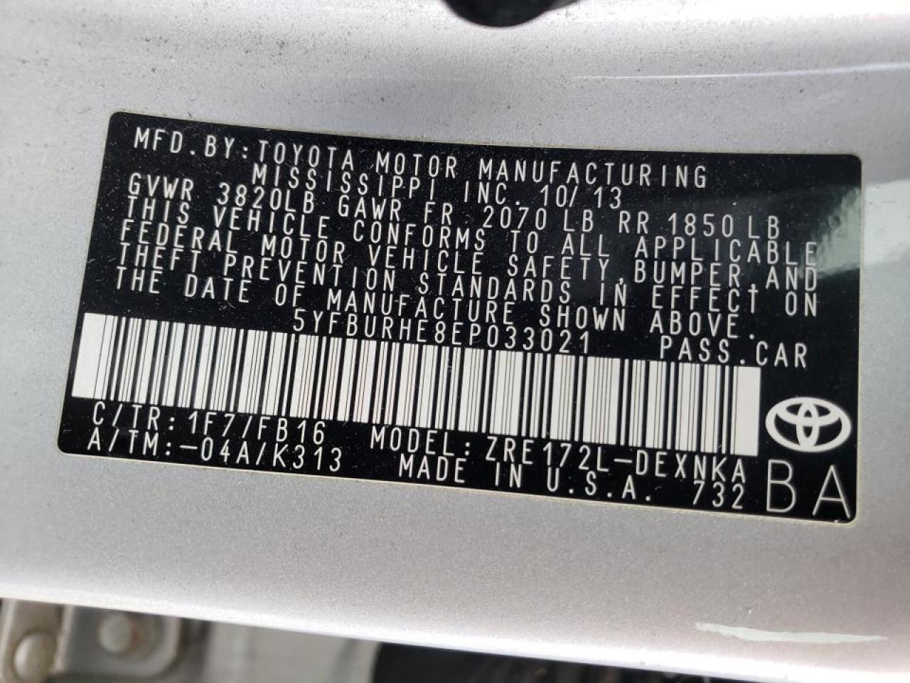 Photo 10 from auction – 2014 TOYOTA COROLLA L with VIN 5YFBURHE8EP033021